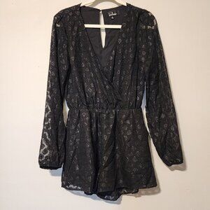 New Lulus sz S women Black Glitter Sheer Long-Sleeve Wrap Romper